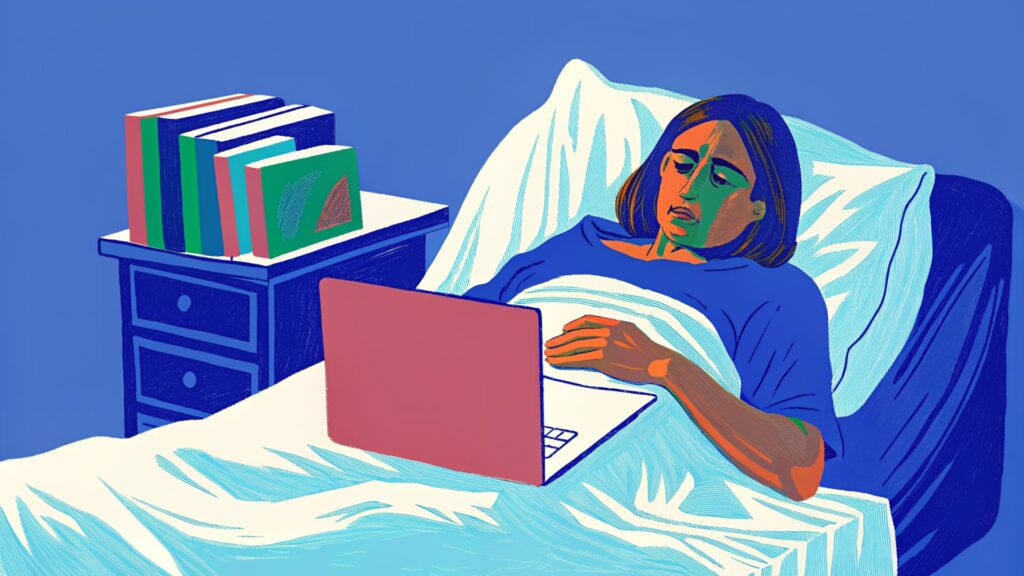 Eine Illustration, in verschiedenen Blautönen mit einzelnen anderen Farben. Eine junge Frau liegt im Bett, gestützt mit einem Kissen unter dem Kopf. Sie hat ein Laptop auf dem Bett und schaut in diesen. Auf dem Nachttisch stehen verschiedene Bücher in verschiedenen Farben.